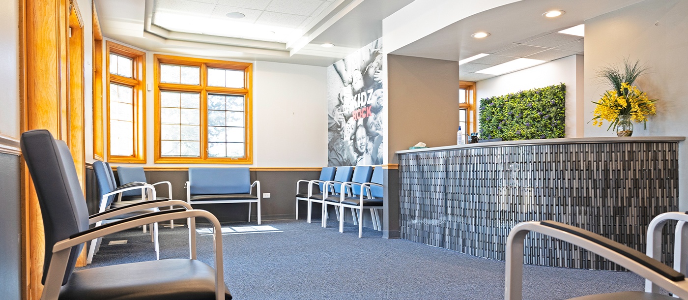 Dental office waiting room and reception desk