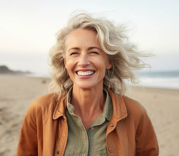 Middle-aged woman on the beach smiling